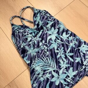 Athleta Triangle Tankini Swim Top Blue Floral Print Criss Cross Womens Small A-C